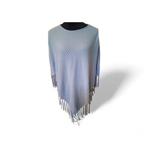 Chico's One Size Blue Knit Sweater Poncho Fringe Ribbed Boho Preppy